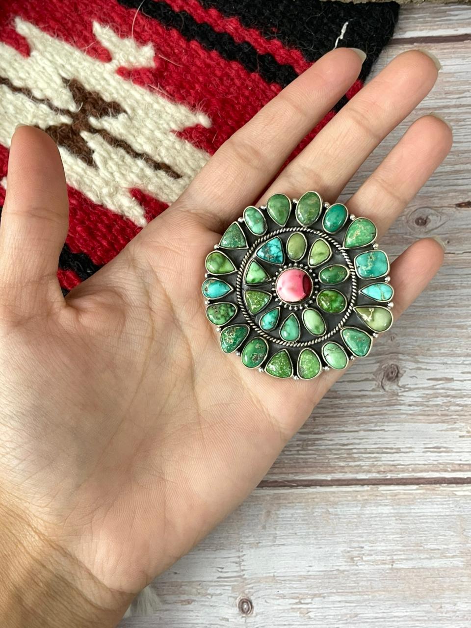 Handmade Sterling Silver Dahlia Rose With Emerald Valley Turquoise Ring "Signed Nizhoni"