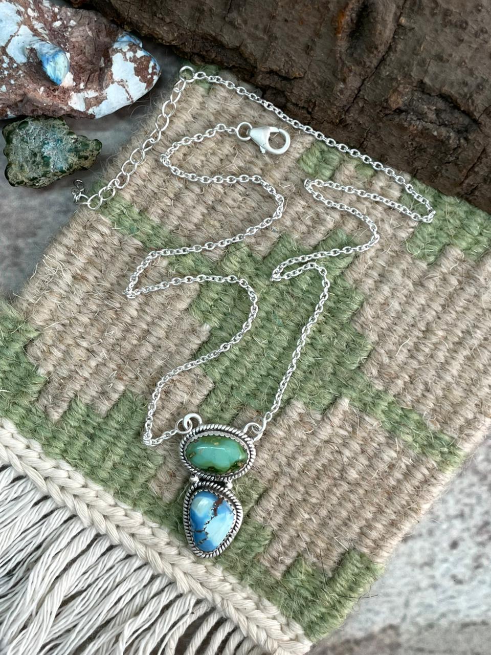 Handmade Sterling Silver Golden Hills Turquoise with Sonoran Mountain Turquoise Necklace "Signed Nizhoni"