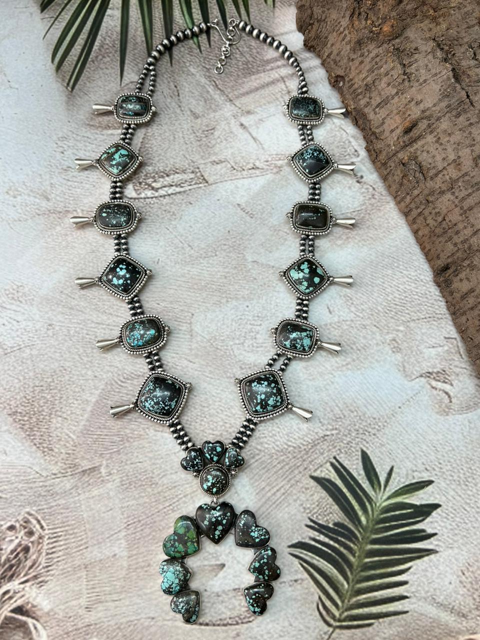 Handmade Sterling Silver Lander Turquoise Squash Blossom Beaded Necklace with Signed Nizhoni