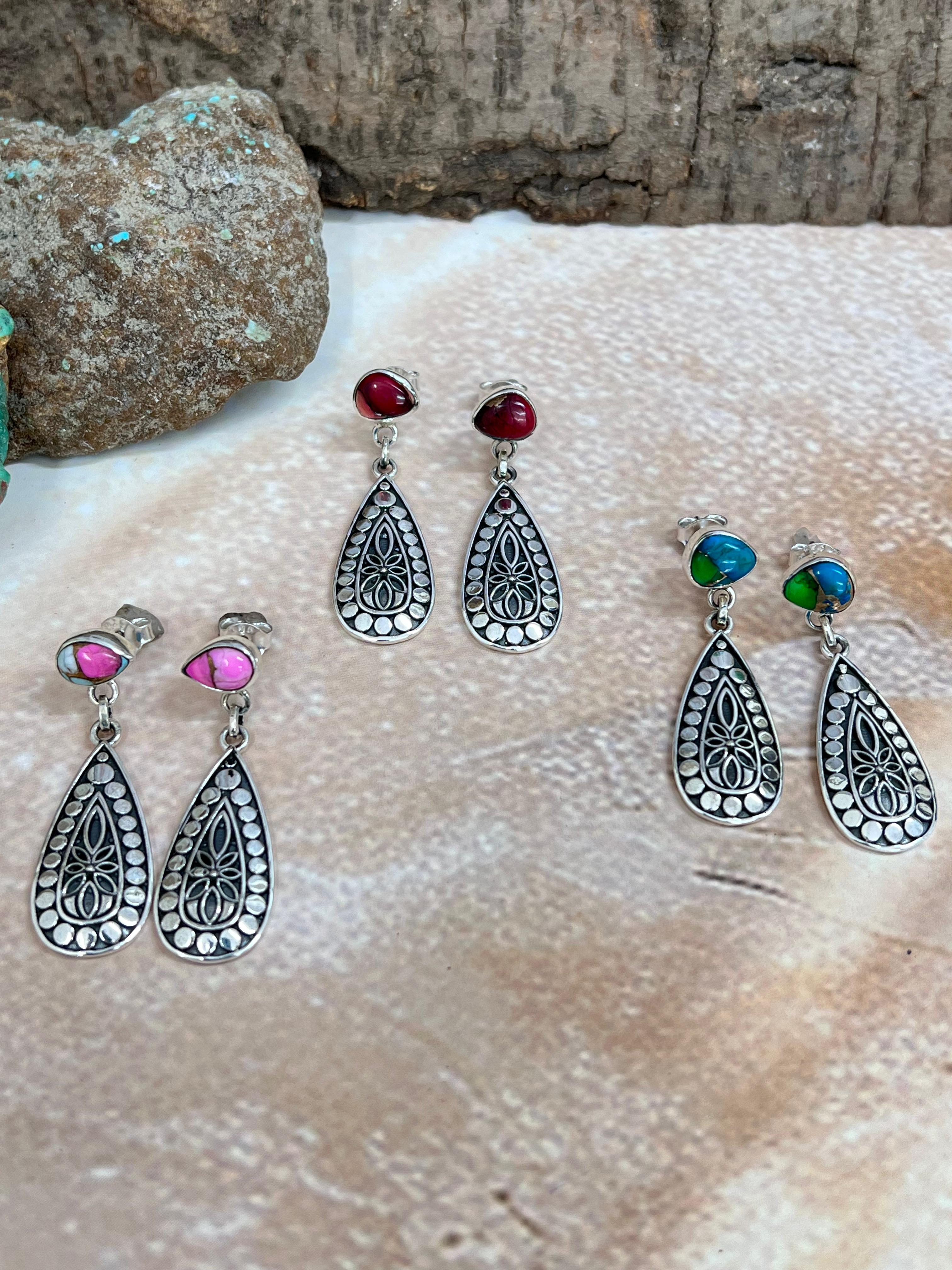 Handmade Sterling Silver Peacock Dahlia, Dahlia Rose, Cotton Candy Turquoise Post Earrings with Signed Nizhoni