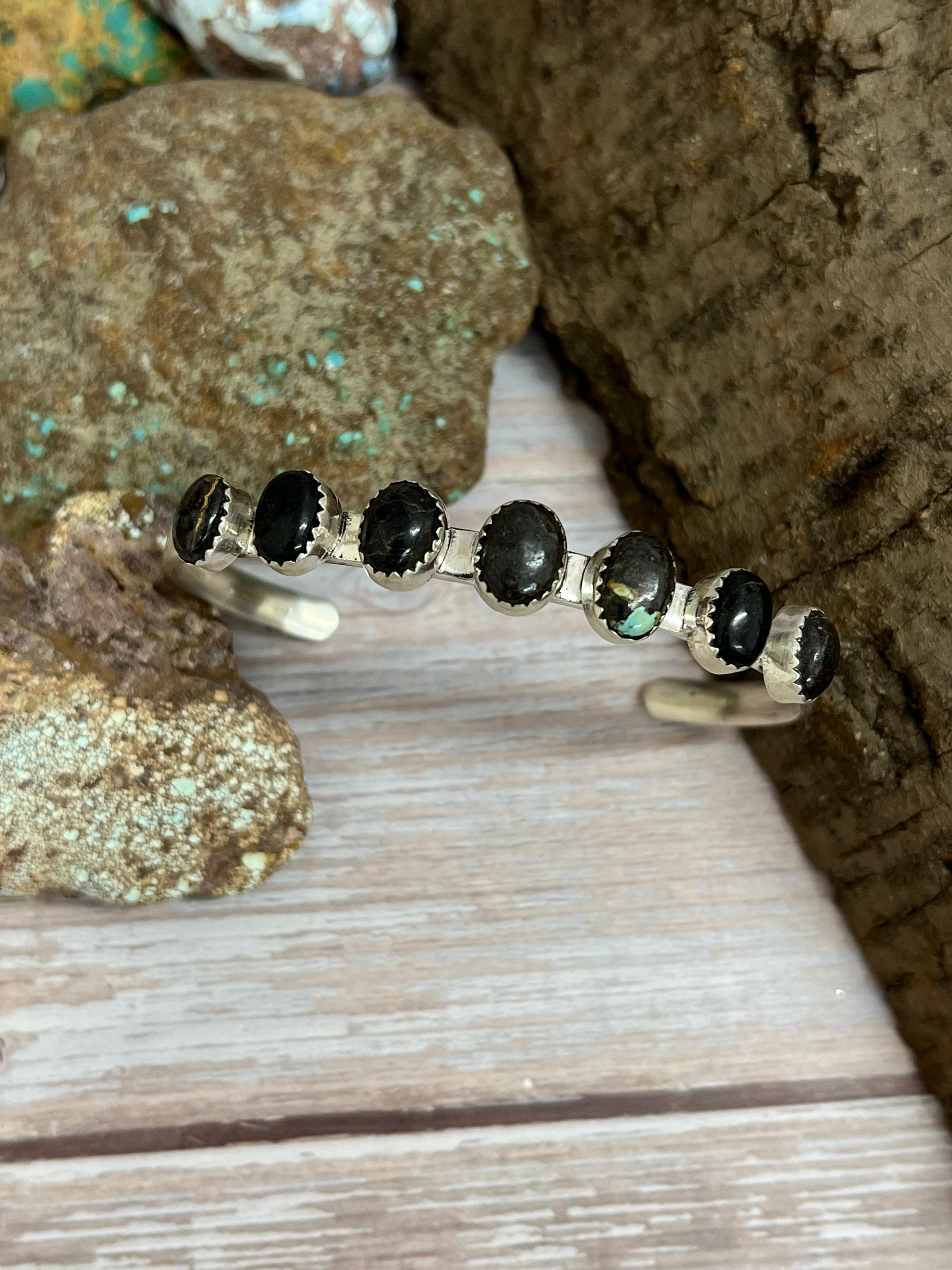 Handmade Sterling Silver Black Jack Cuff Bracelet with Signed Nizhoni