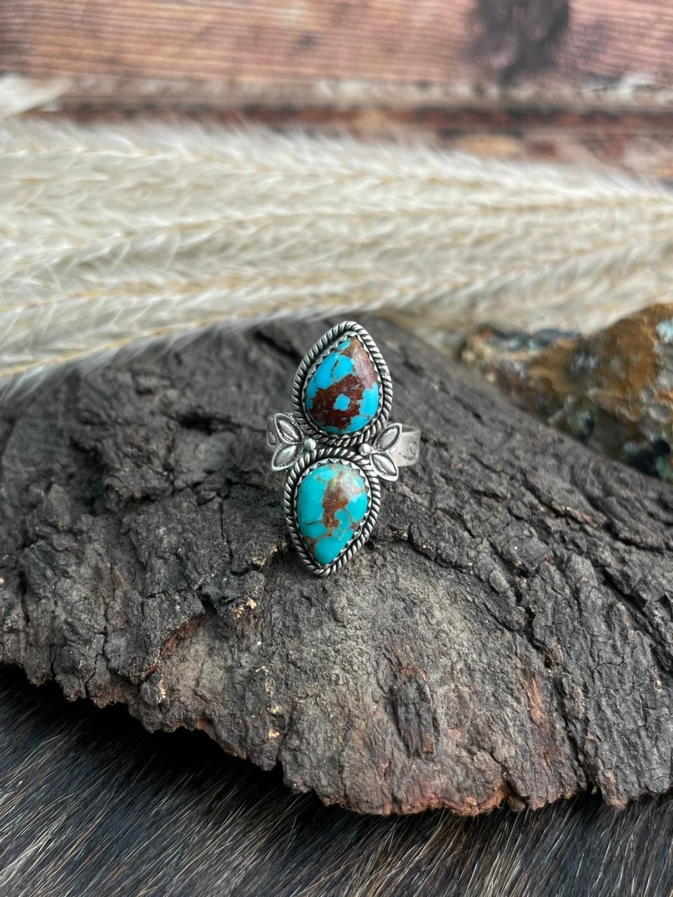 Handmade Sterling Silver Santa Maria Turquoise Adjustable Ring "Signed Nizhoni"