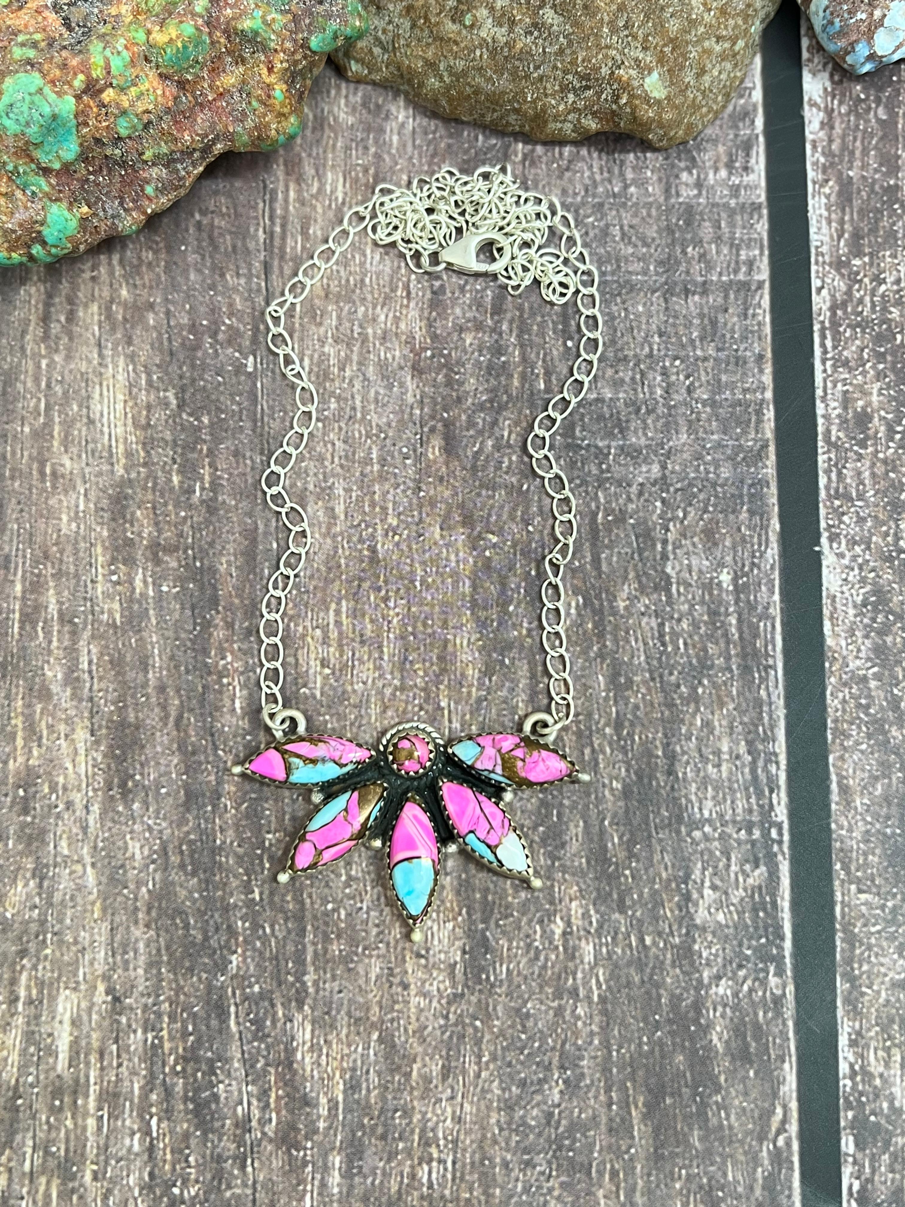 Handmade Sterling Silver Cotton Candy Turquoise Necklace with Signed Nizhoni