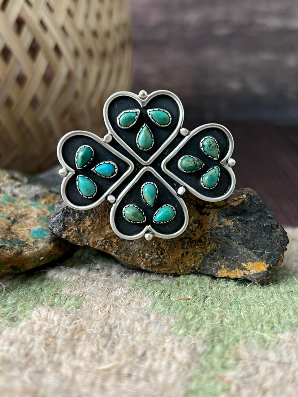 Handmade Sterling Silver Kingman Turquoise Flower Adjustable Ring "Signed Nizhoni"
