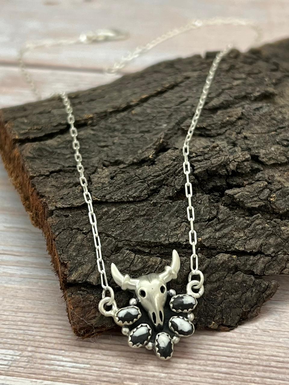 Handmade Sterling Silver White Buffalo Bull Necklace "Signed Nizhoni"