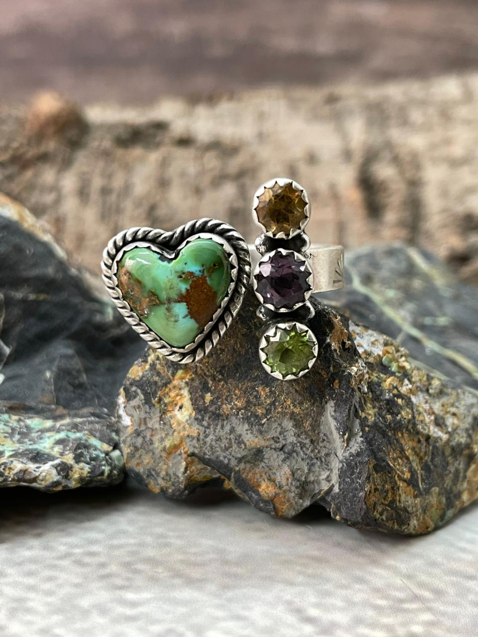 Handmade Sterling Silver Sonoran with Cut Stones Adjustable Ring "Signed Nizhoni"