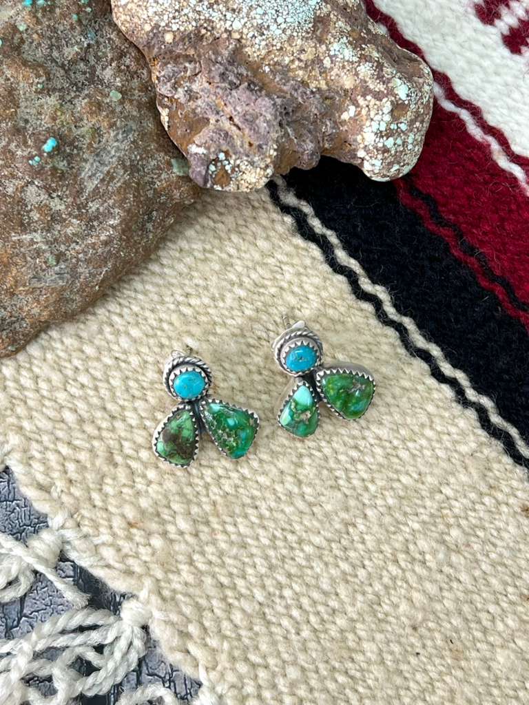 Handmade Sterling Silver Sonoran Mountain Turquoise with White Water Turquoise Post Studs, Signed Nizhoni