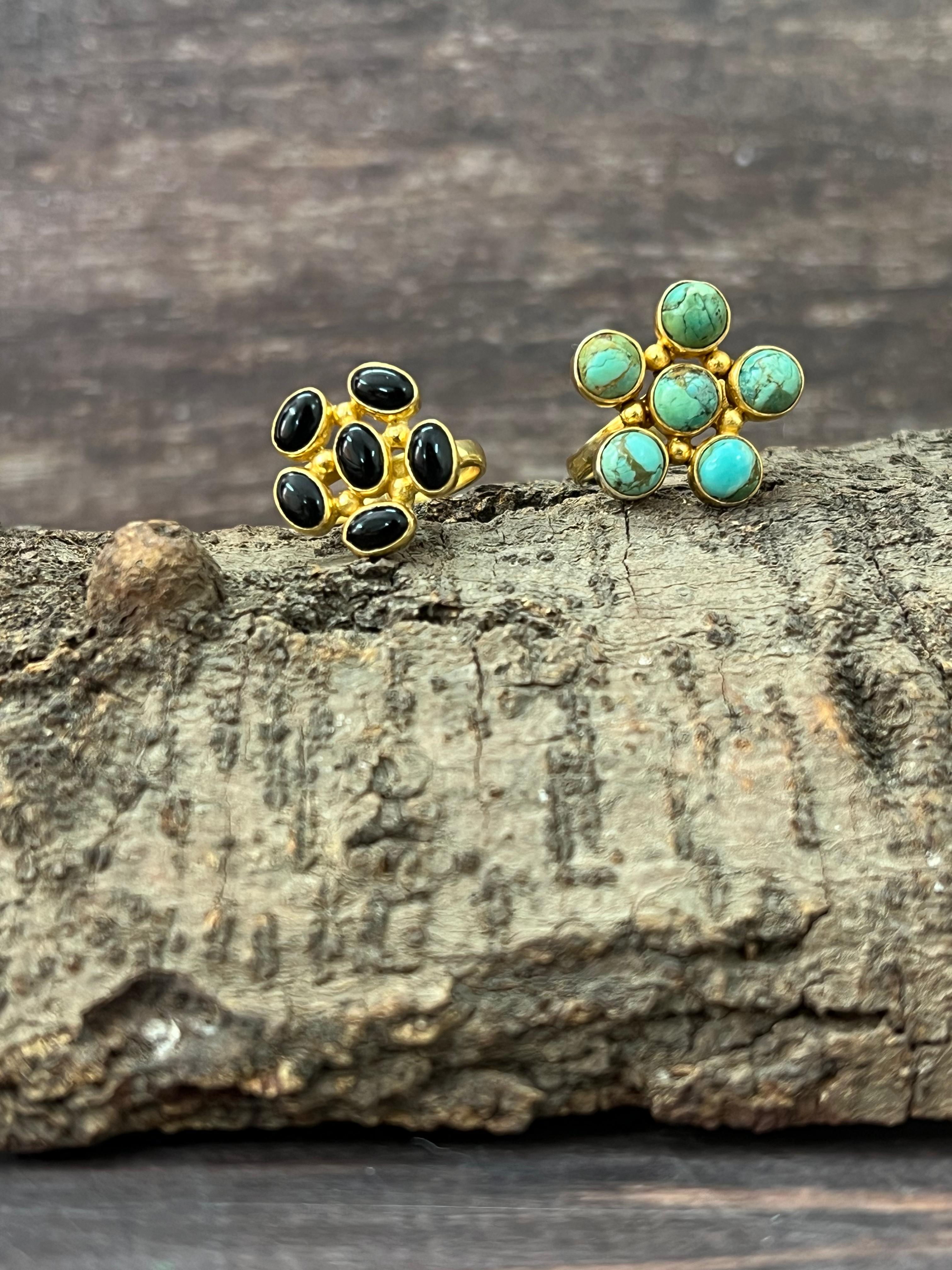 “The Golden Collection” Natural Old Stock Royston Turquoise, Black Onyx Adjustable Ring