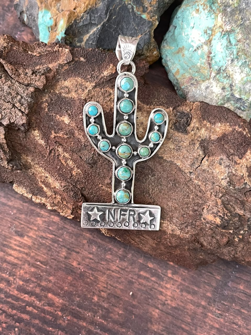Handmade Sterling Silver Kingman Turquoise NFR Collection: Cactus Pendant Signed Nizhoni