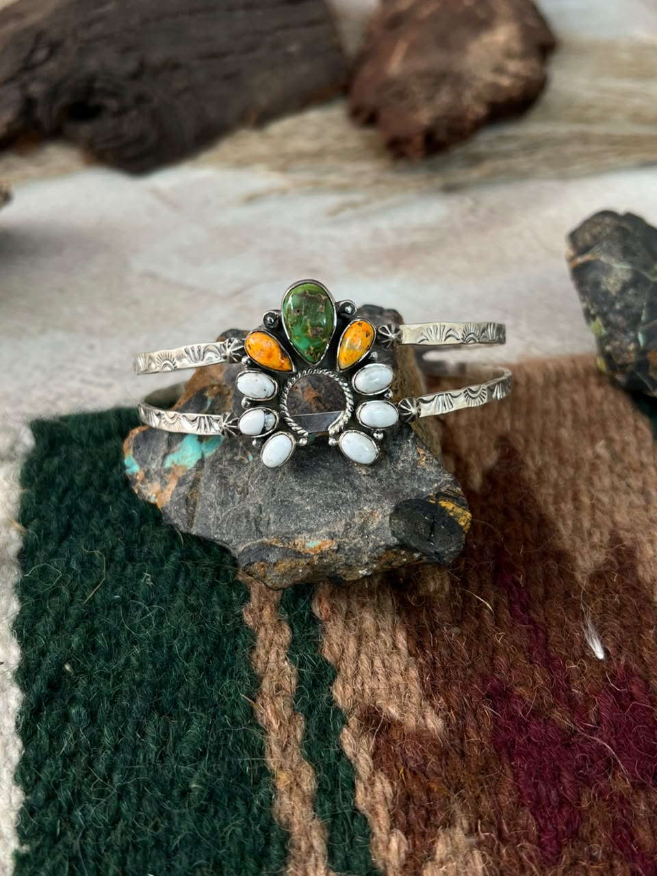 Handmade Sterling Silver Sonoran Mountain Turquoise with Bumblebee and White Buffalo Spring Collection: Naja Cuff Bracelet Signed Nizhoni