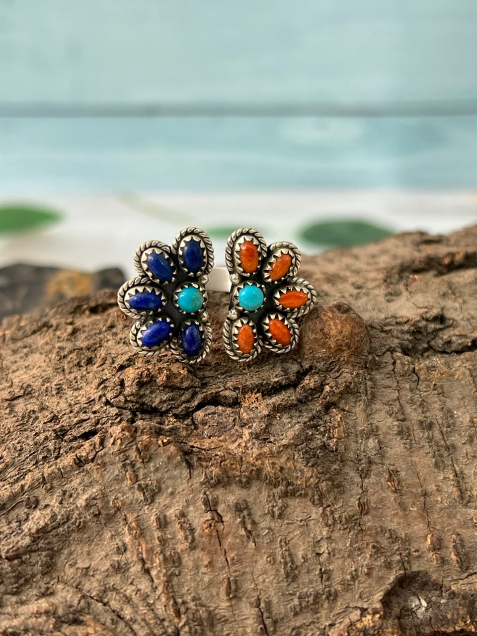 Handmade Sterling Silver Kingman Turquoise with Orange Mojave and Lapis Adjustable Ring Signed Nizhoni