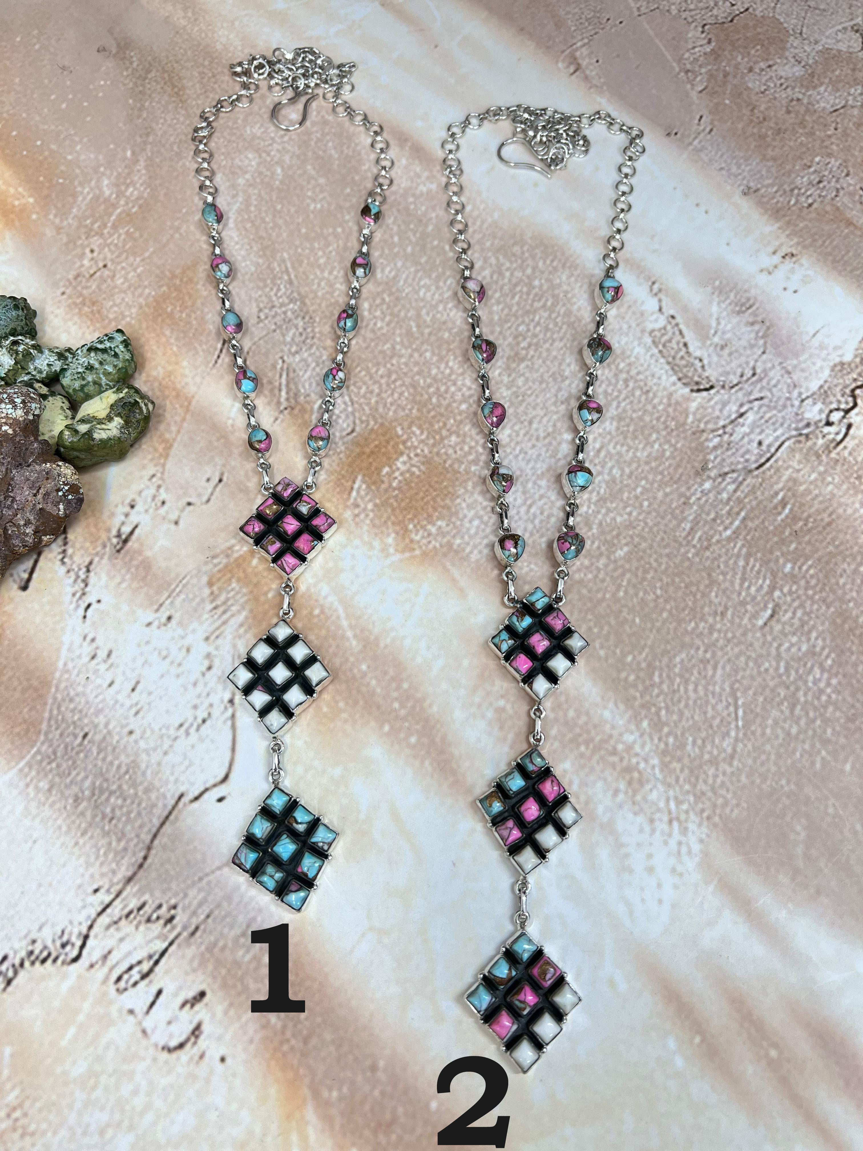 Handmade Sterling Silver Cotton Candy Turquoise Necklace with Signed Nizhoni