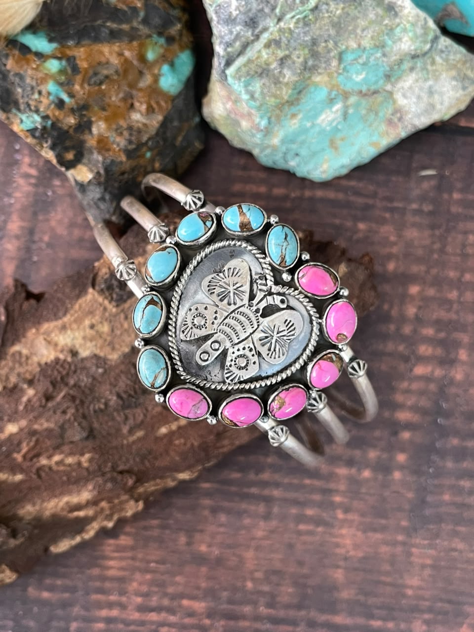 Handmade Sterling Silver Cotton Candy Heart Cuff Bracelet Signed Nizhoni