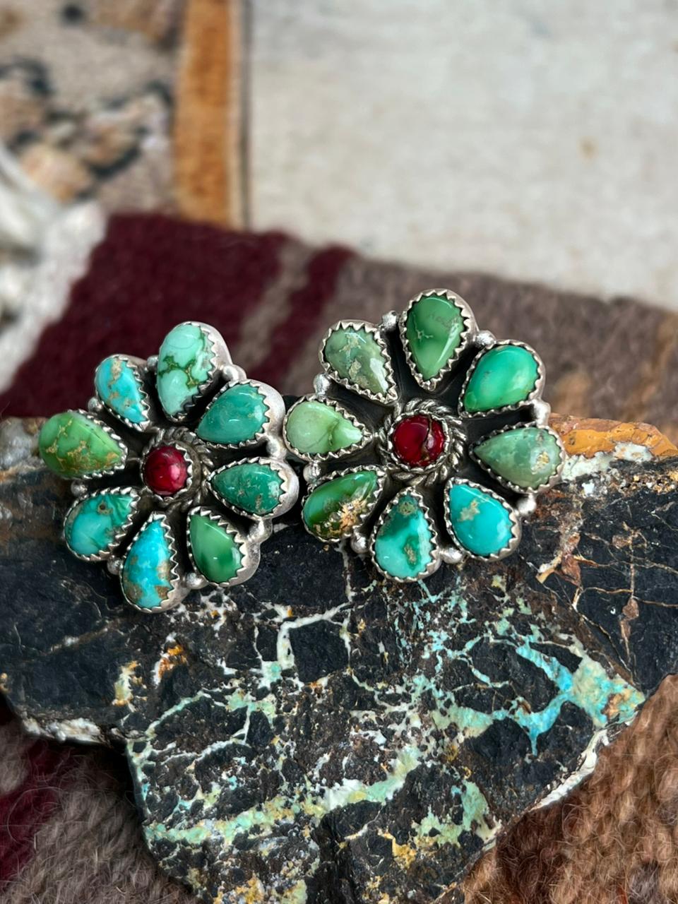 Handmade Sterling Silver Dahlia Rose with Emerald Valley Turquoise Post Earrings "Signed Nizhoni"