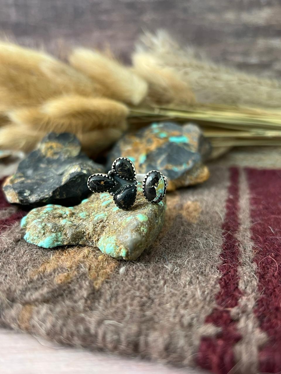 Handmade Sterling Silver Blackjack Turquoise Adjusatble Ring "Signed Nizhoni"