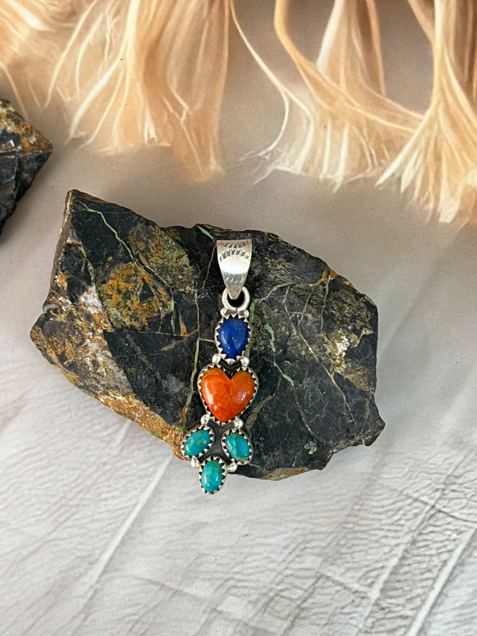 Handmade Sterling Silver Kingman Turquoise with Orange Mojave and Lapis Pendant Signed Nizhoni