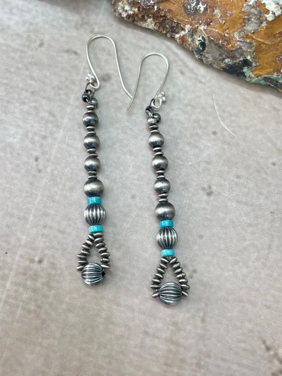 Handmade Sterling Silver Beaded Kingman Turquoise Dangle Hook Earrings "Signed Nizhoni" (2)