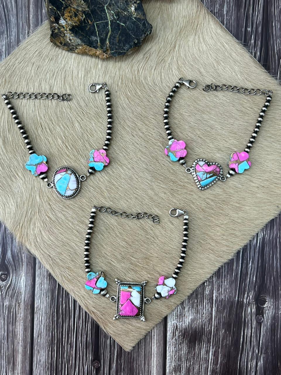 Handmade Sterling Silver Cotton Candy Beaded Chain Bracelet "Signed Nizhoni"