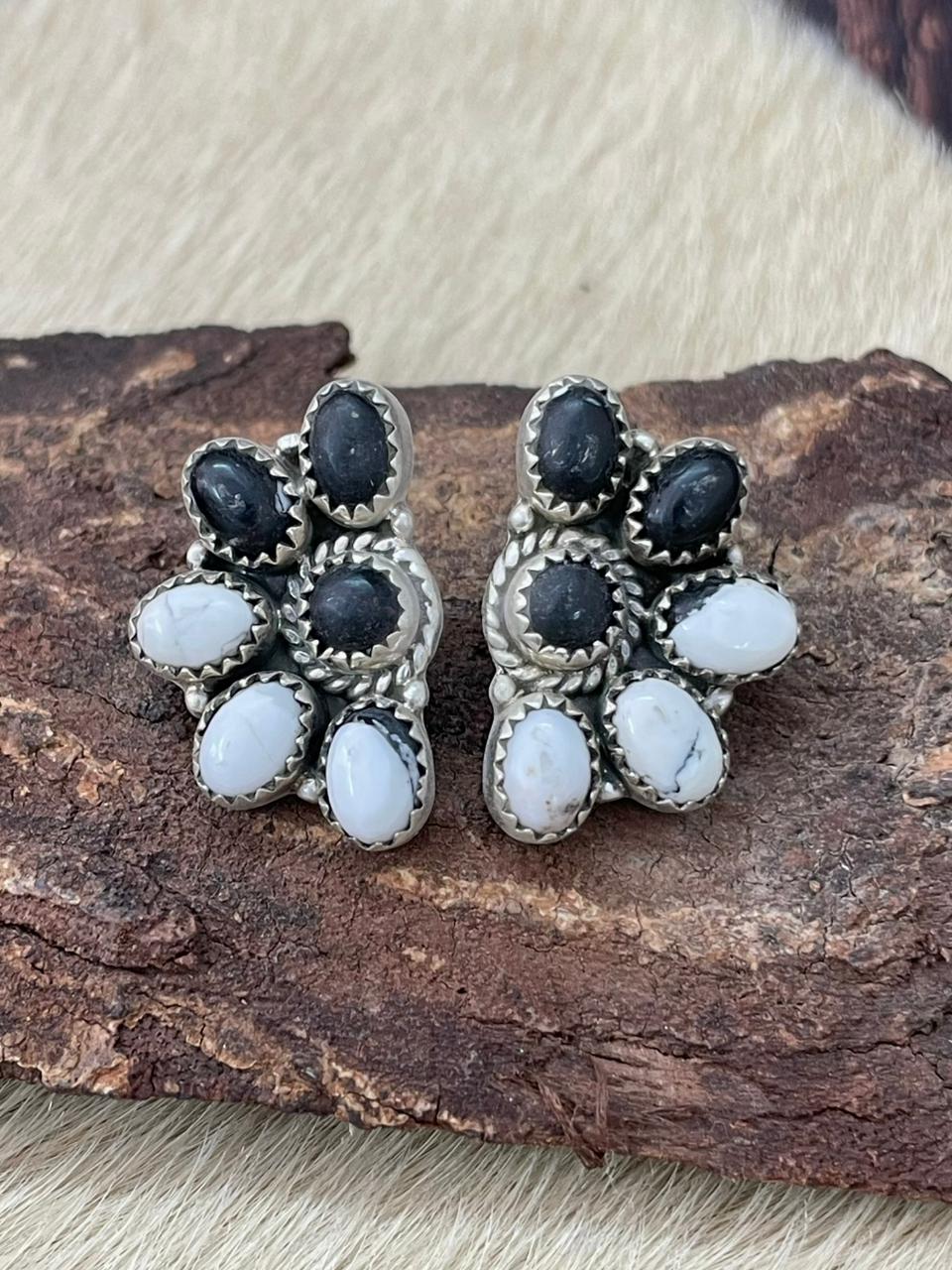 Handmade Sterling Silver White Buffalo Post Studs Earrings "Signed Nizhoni" (7)