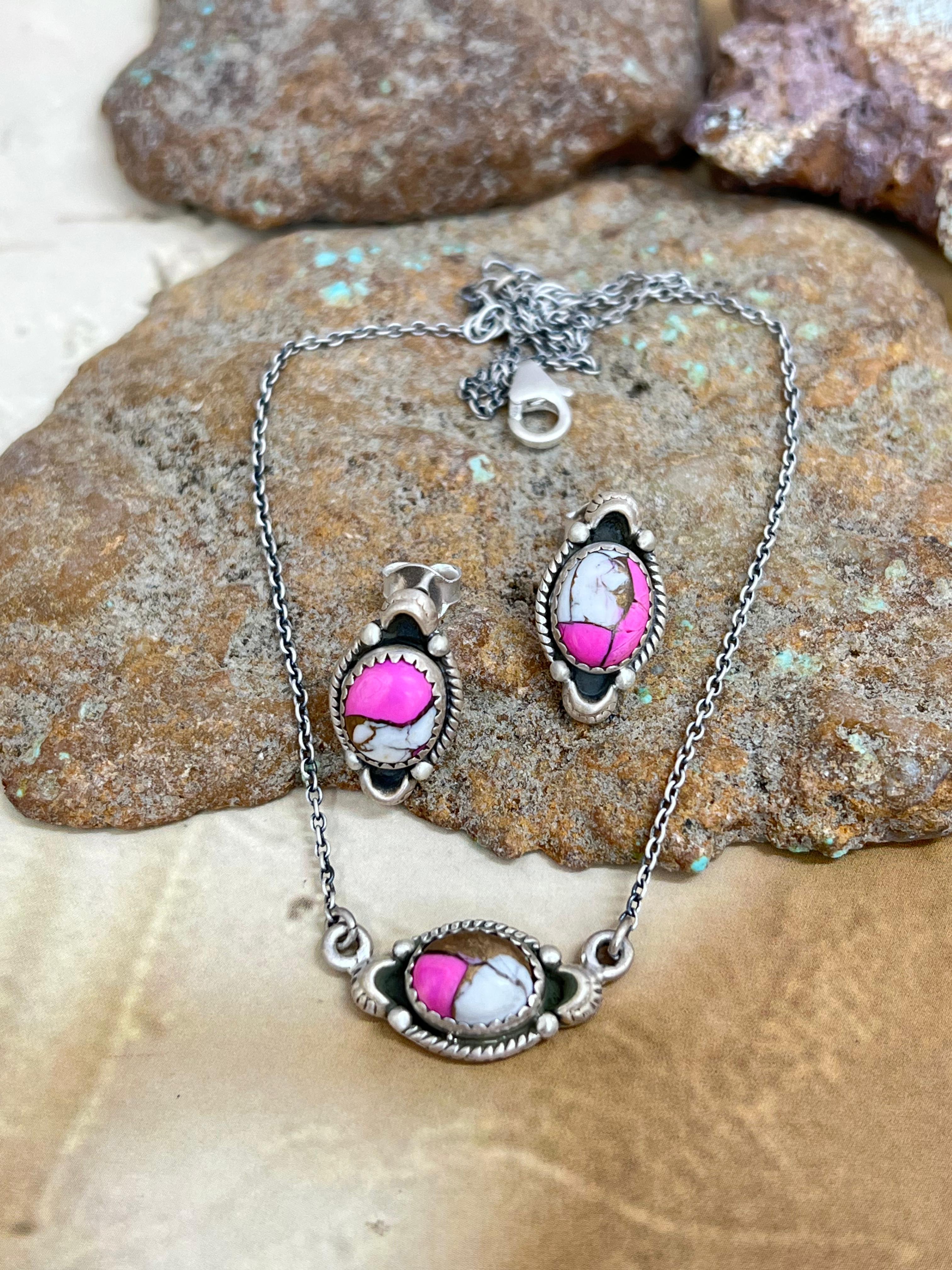 Handmade Sterling Silver Cotton Candy Turquoise Necklace Earrings Set, Signed Nizhoni