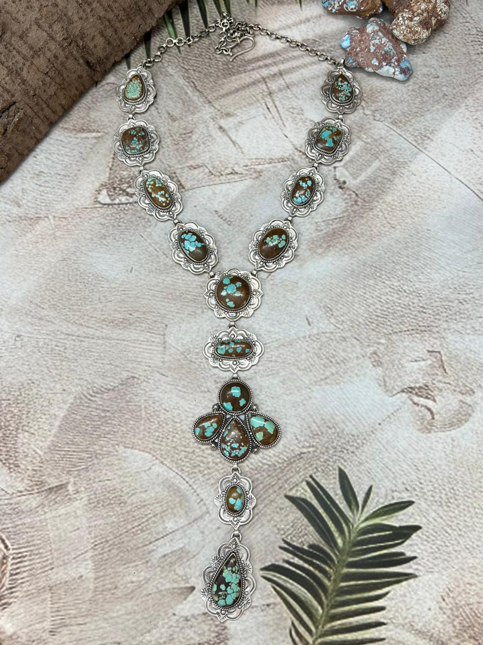 Handmade Sterling Silver Number 8 Turquoise Lariat Necklace with Signed Nizhoni