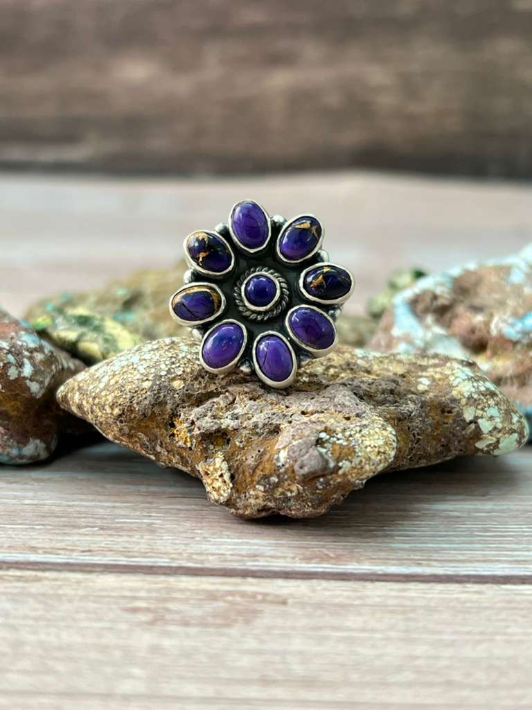 Handmade Sterling Silver Grape Dahlia Adjustable Ring "Signed Nizhoni"