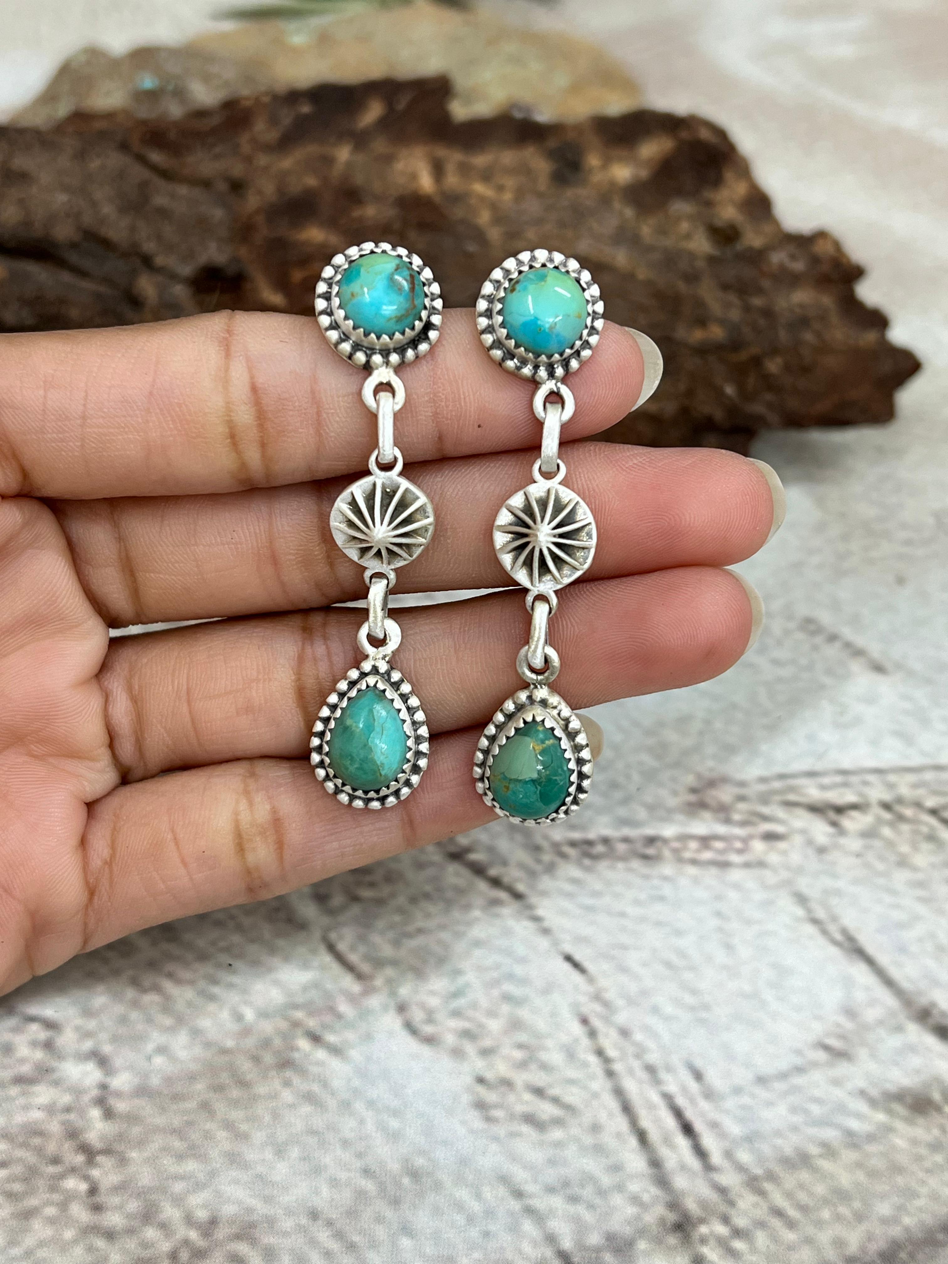 Handmade Sterling Silver Kingman Turquoise Post Dangle Earrings with Signed Nizhoni