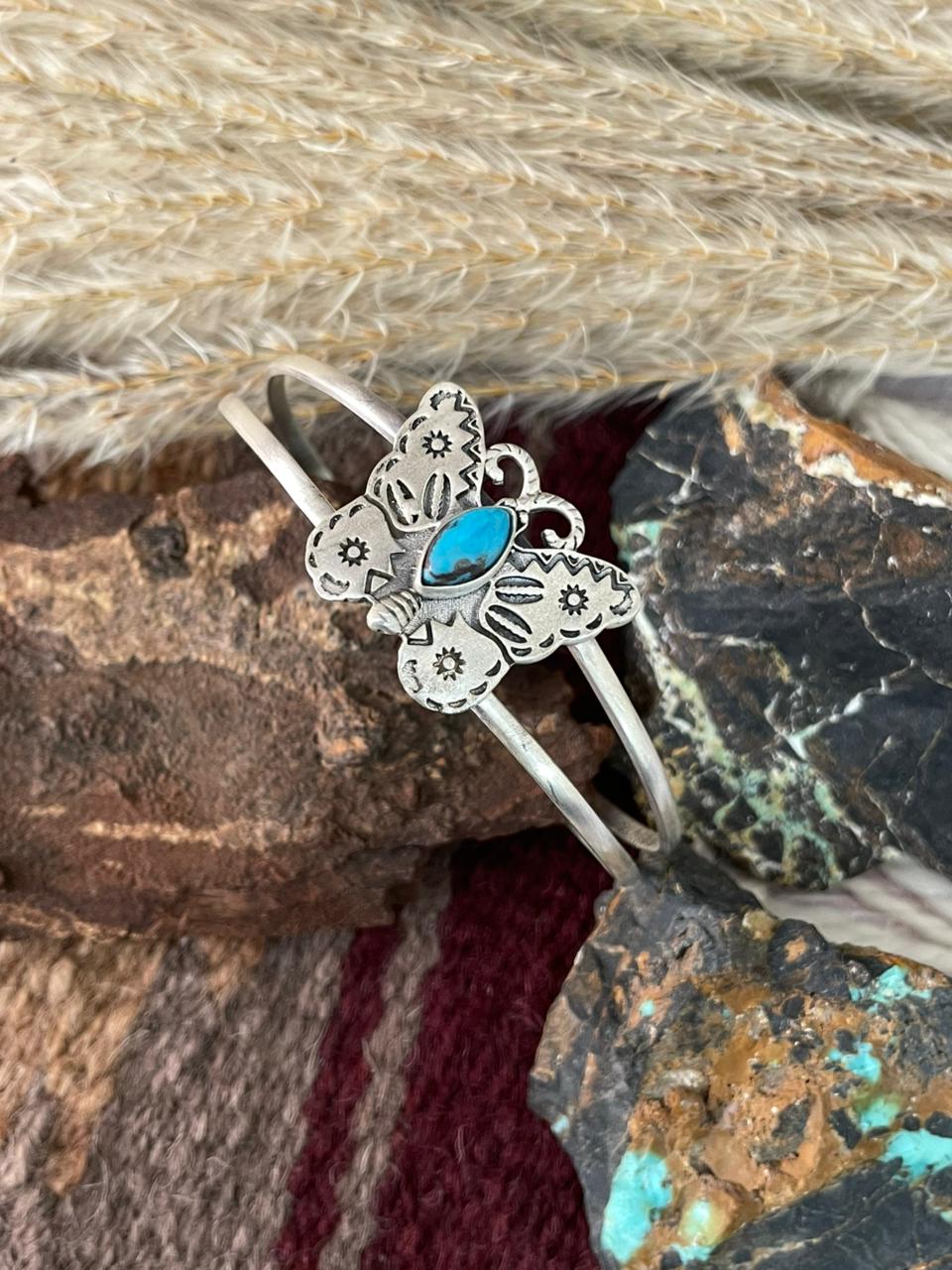 Handmade Sterling Silver Kingman Turquoise Cuff Bracelet "Signed Nizhoni"