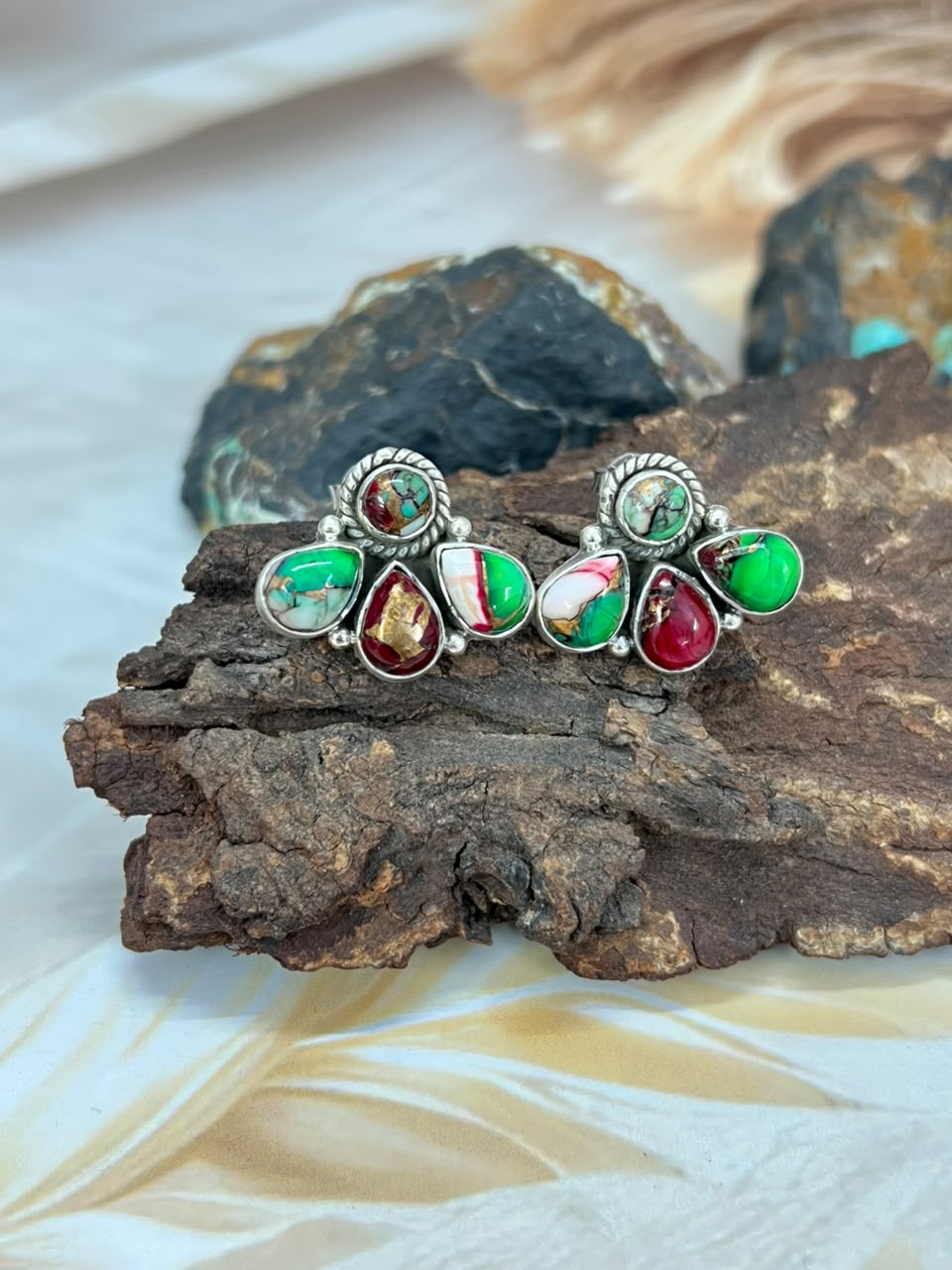 Handmade Sterling Silver Christmas Dahlia Collection: Post Studs Earrings Signed Nizhoni