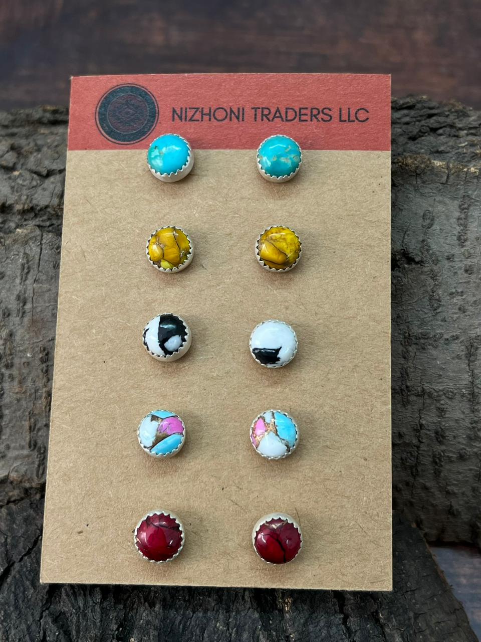 Handmade Sterling Silver Multi Stones Post Studs Earrings Set