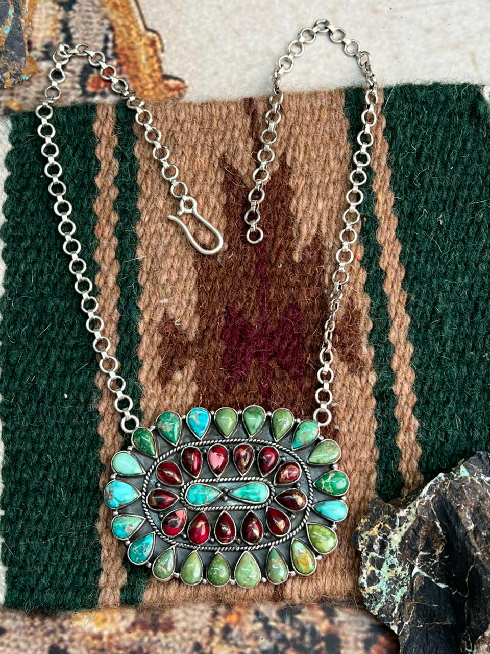 Handmade Sterling Silver Dahlia Rose with Emerald Valley Turquoise Necklace "Signed Nizhoni"