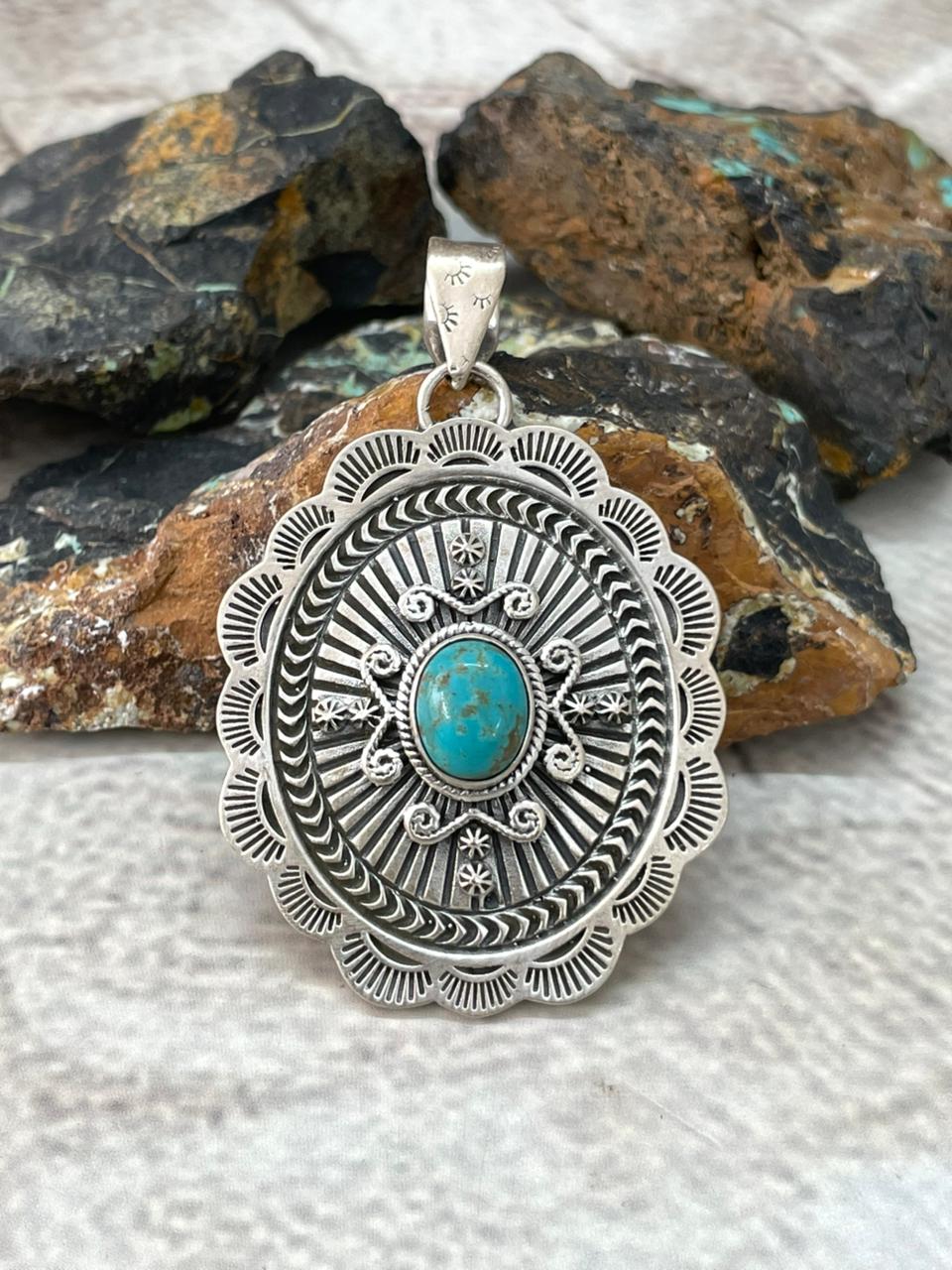Handmade Sterling Silver Kingman Turquoise Pendant "Signed Nizhoni"