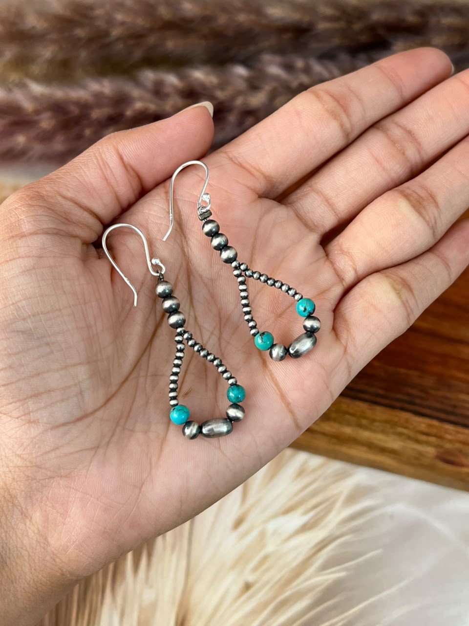 Handmade Sterling Silver Kingman Turquoise Beaded Hook Dangle Earrings