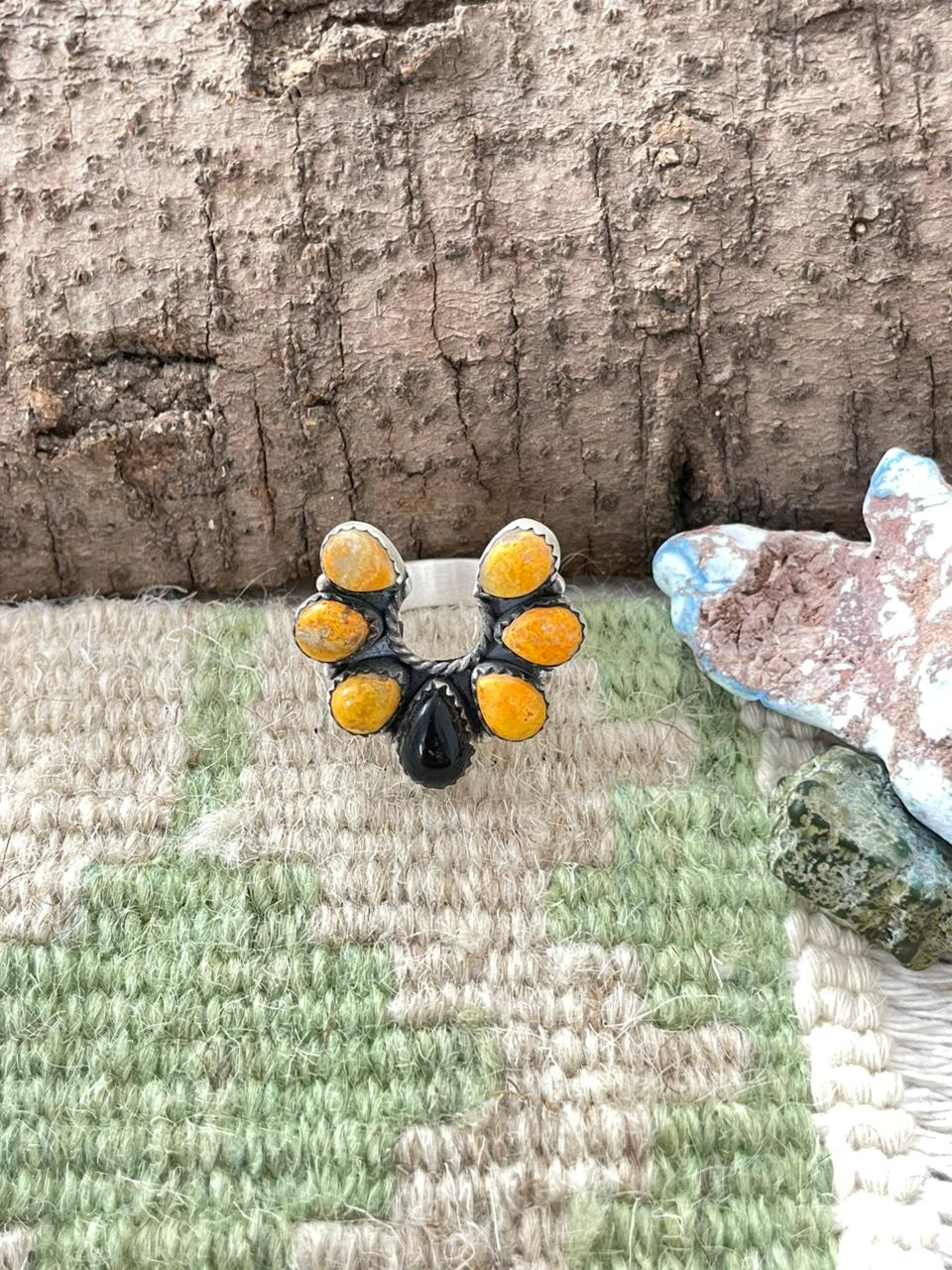 "Halloween Collection" Handmade Sterling Silver Black Onyx, Bumblebee Naja Adjustable Ring with Signed Nizhoni