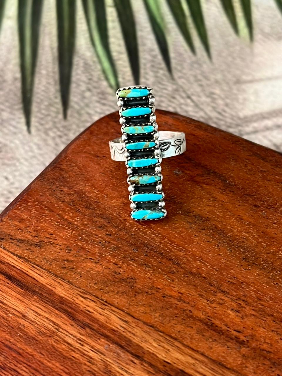 Handmade Sterling Silver Kingman Turquoise Adjustable Bar Ring "Signed Nizhoni"