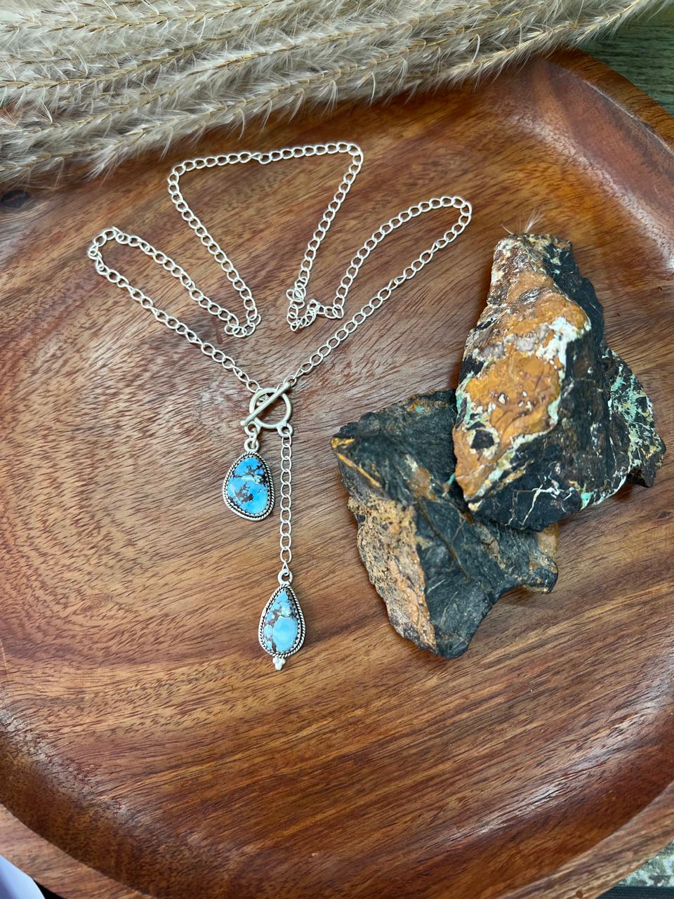Handmade Sterling Silver Golden Hills Turquoise Lariat Necklace "Signed Nizhoni"