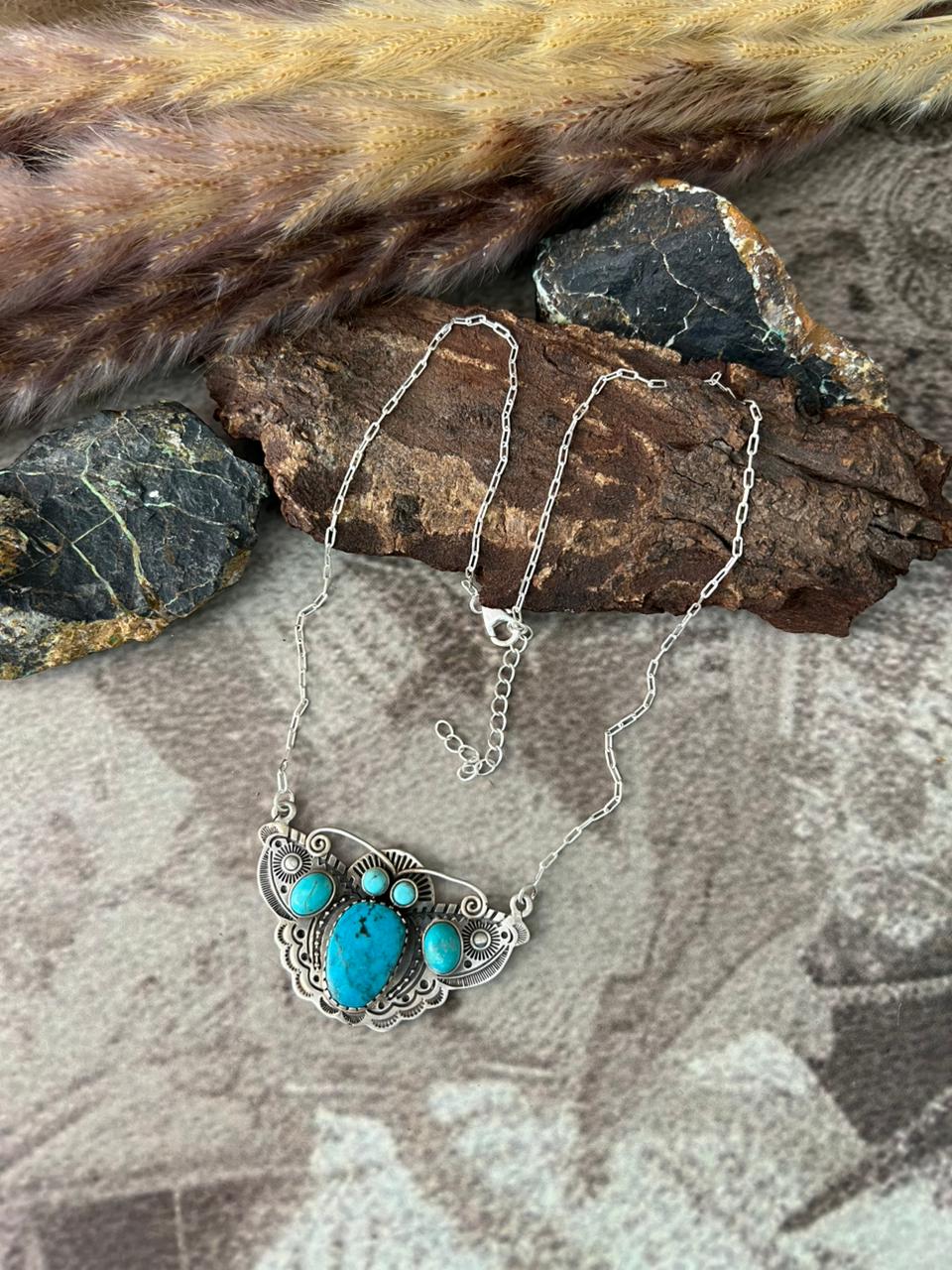 Handmade Sterling Silver Kingman Turquoise Necklace "Signed Nizhoni"