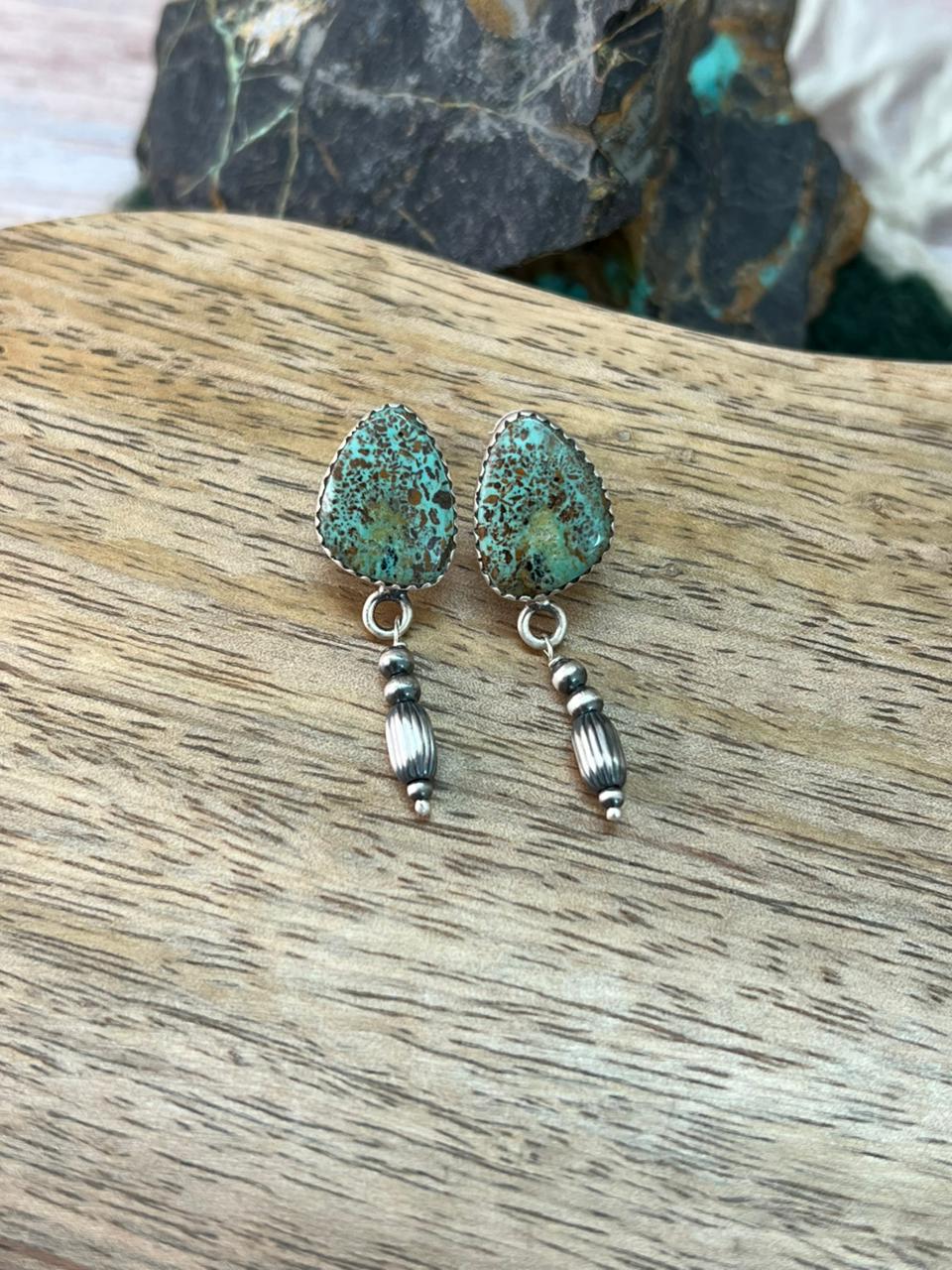 Handmade Sterling Silver Baja Turquoise Collection: Beaded Post Dangle Earrings "Signed Nizhoni"