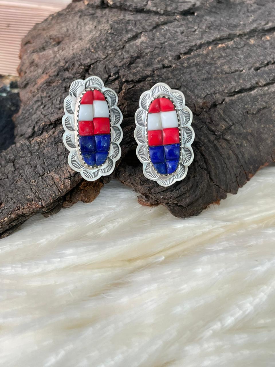 Handmade Sterling Silver 4th Of July Collection: Rosarita with Lapis and White Buffalo Adjustable Ring "Signed Nizhoni"