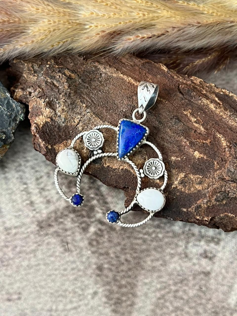 Handmade Sterling Silver Lapis with White Buffalo Pendant "Signed Nizhoni"