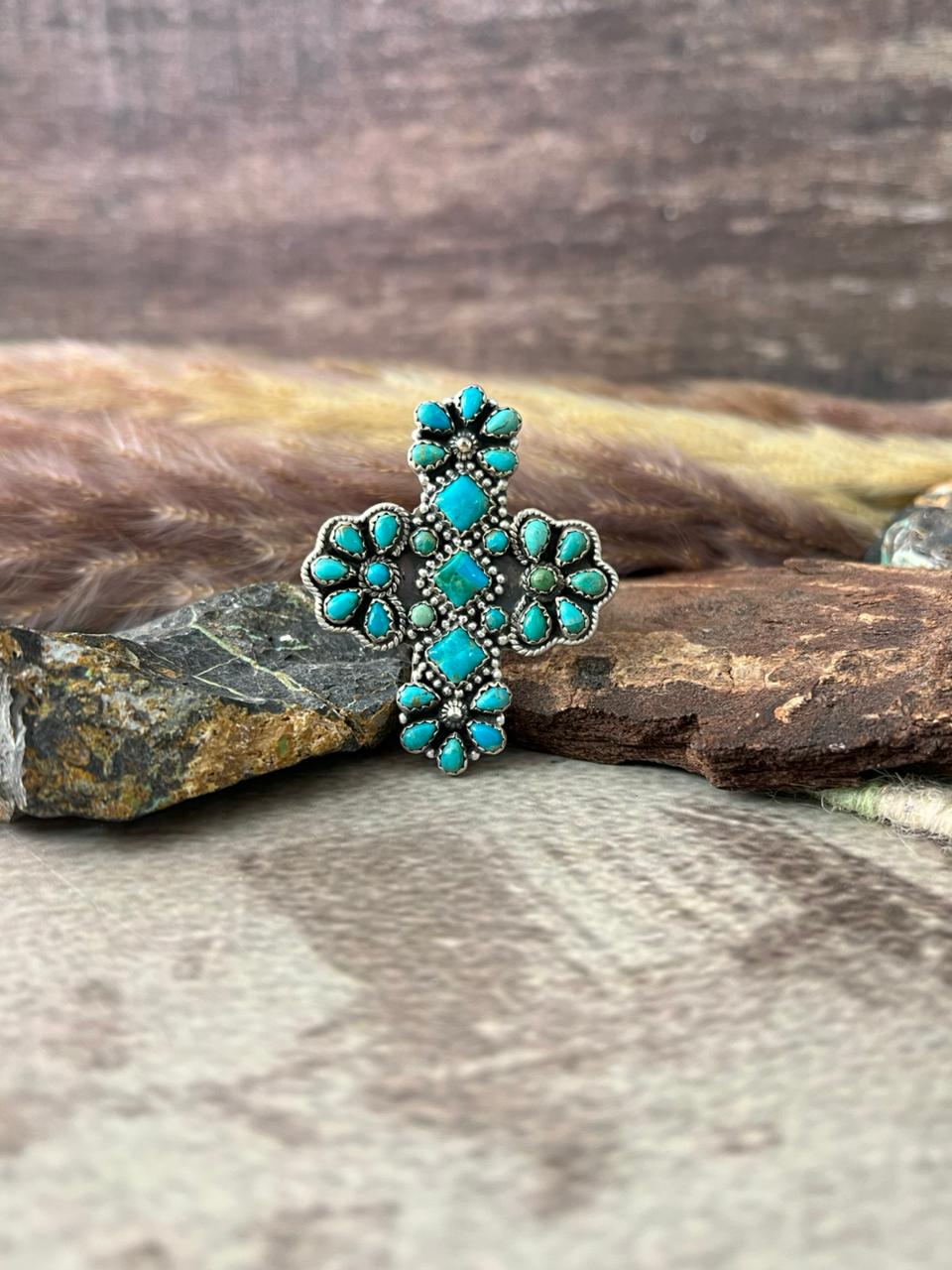 Handmade Sterling Silver Kingman Turquoise Adjustable Ring "Signed Nizhoni"