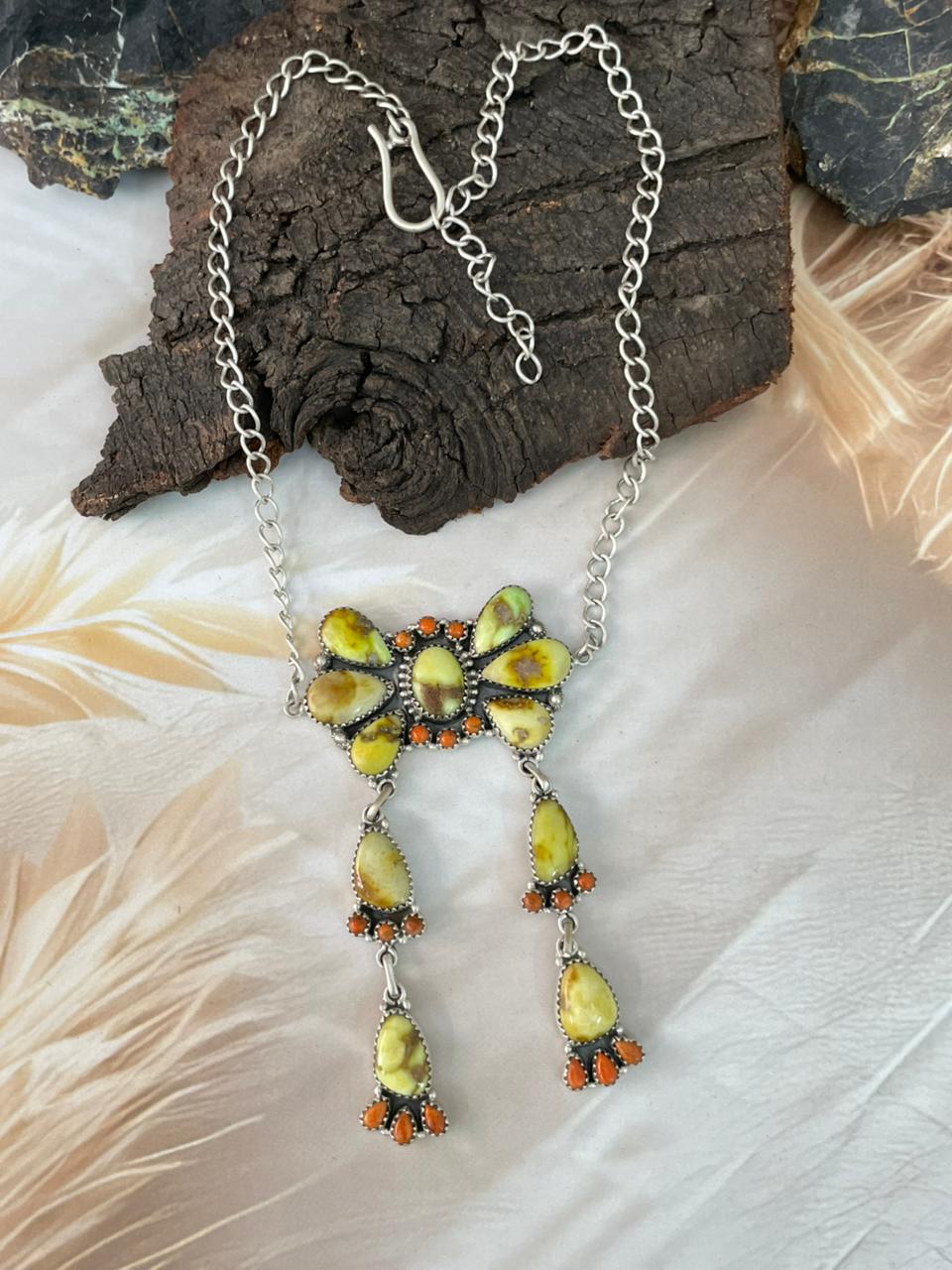 Handmade Sterling Silver Palomino Turquoise with Orange Mojave Necklace "Signed Nizhoni"
