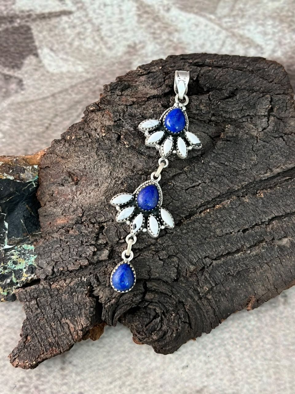 Handmade Sterling Silver Lapis with White Buffalo Pendant Signed Nizhoni