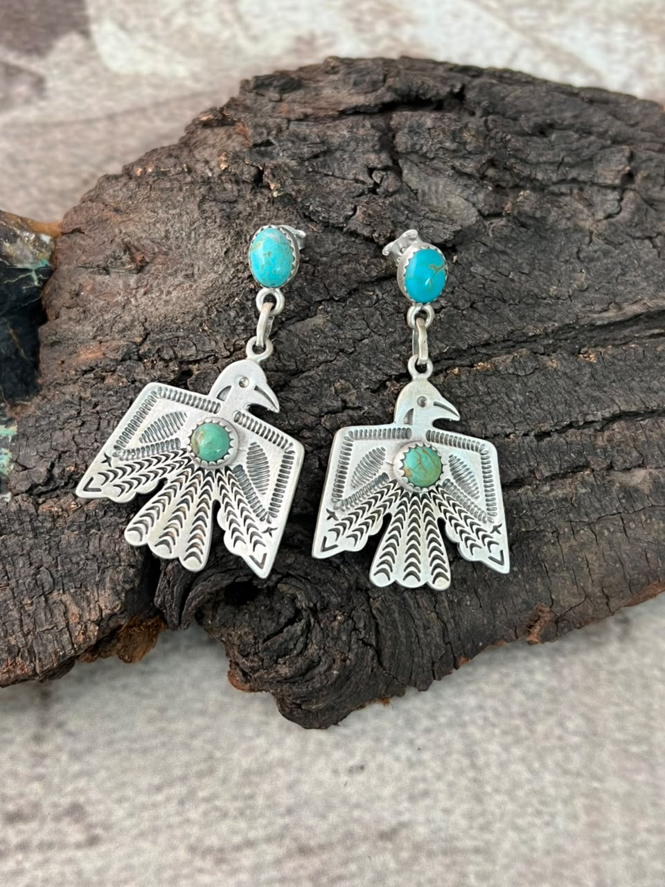 Handmade Sterling Silver Kingman Turquoise Post Dangle Thunderbird Earrings Signed Nizhoni