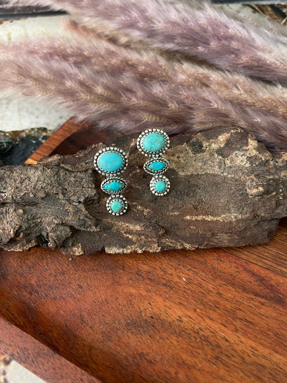 Handmade Sterling Silver Kingman Turquoise Post Earrings "Signed Nizhoni"