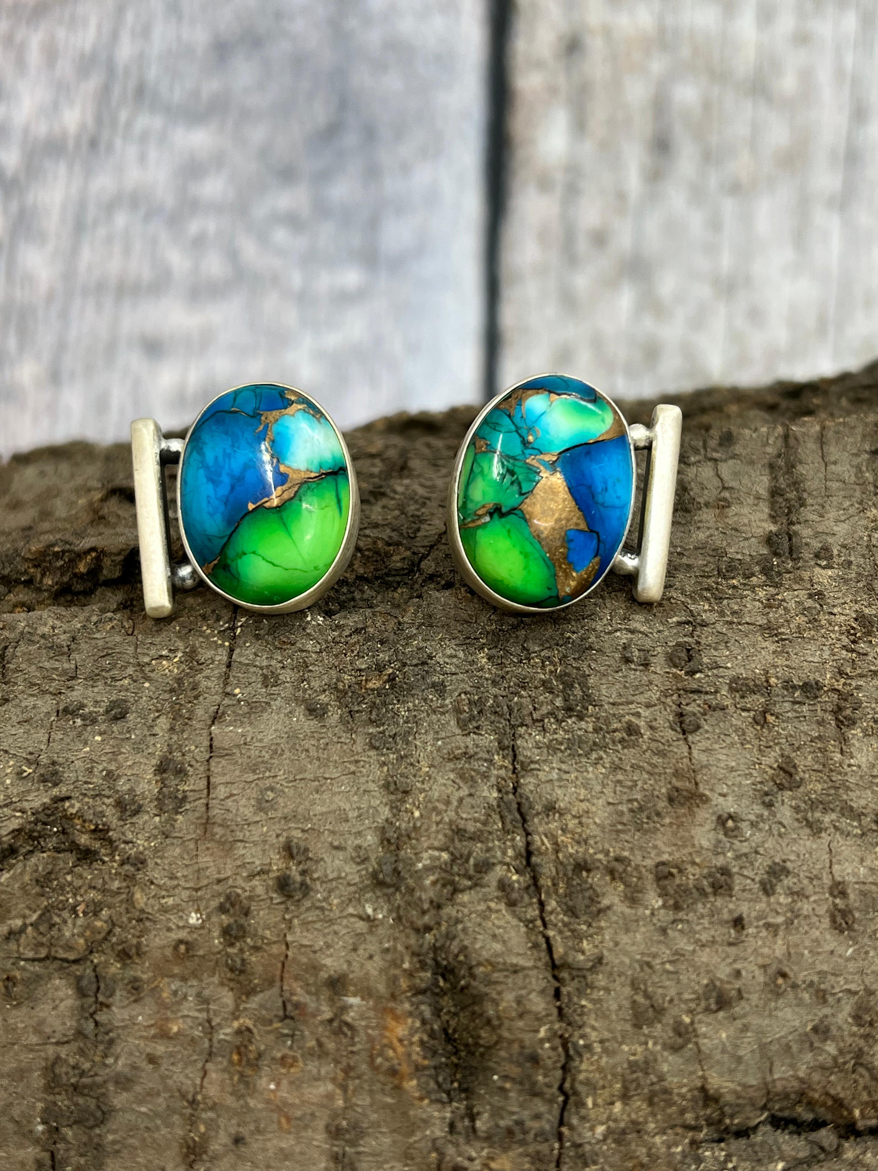 Handmade Sterling Silver Peacock Dahlia Post Earrings with Signed Nizhoni