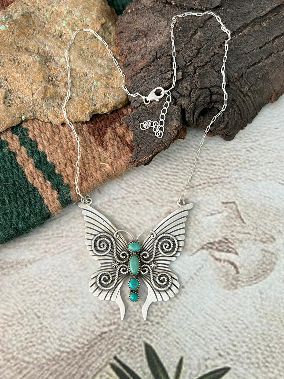 Handmade Sterling Silver Kingman Turquoise Butterfly Necklace "Signed Nizhoni"