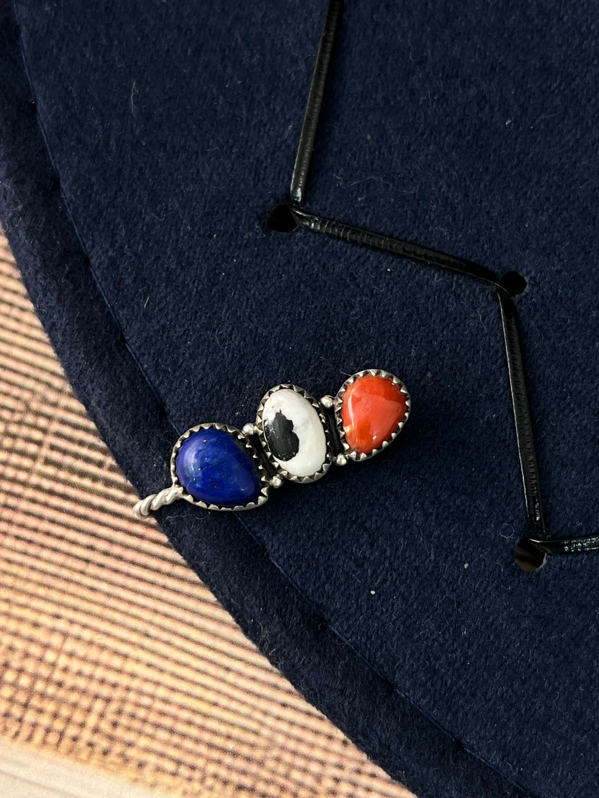 Handmade Sterling Silver 4th Of July Collection: Coral with Lapis and White Buffalo Hat Pin "Signed Nizhoni"