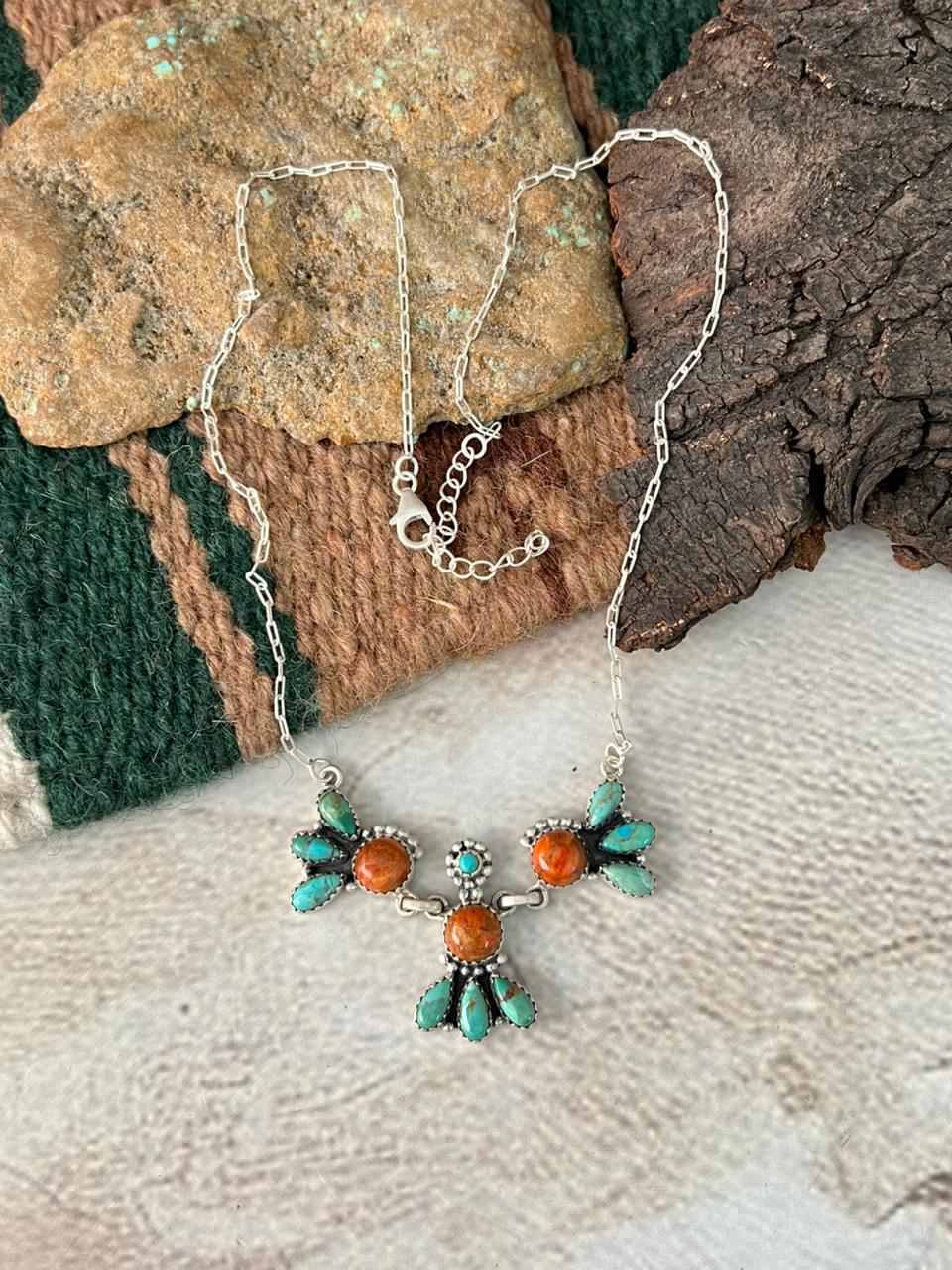 Handmade Sterling Silver Kingman Turquoise with Orange Mojave Necklace "Signed Nizhoni"