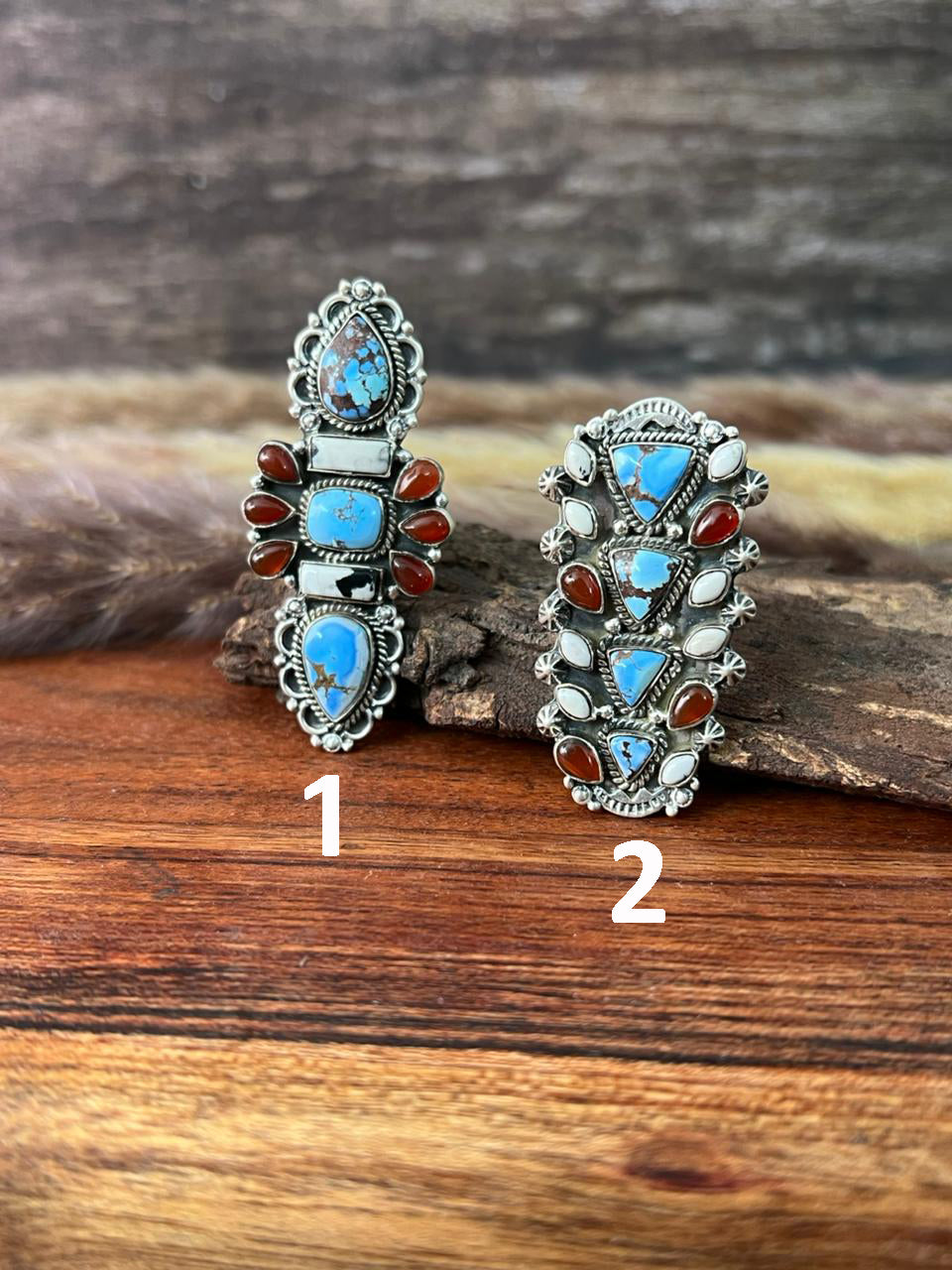 Handmade Sterling Silver Canyon Sunset Collection: Golden Hills Turquoise with White Buffalo and Carnelian Adjustable Ring "Signed Nizhoni"